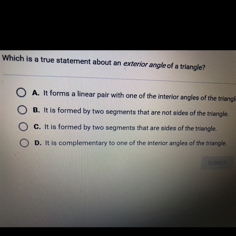 *Look at picture Worth 10 points Which is a true statement about exterior angle of-example-1