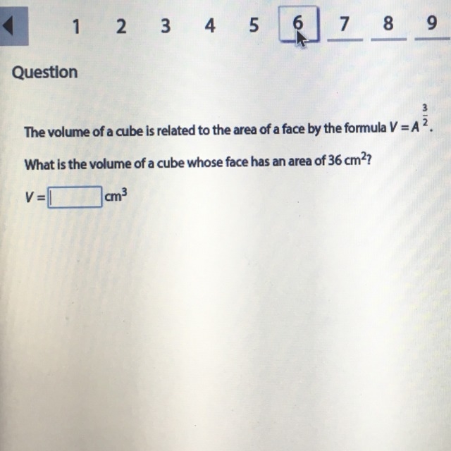 The volume of a cube is related to the are of a face by the formula V=A^3/2 What is-example-1