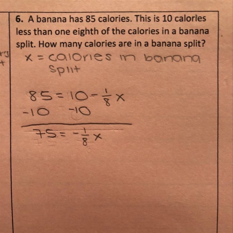 I’m stuck on the 75= -1/8x part...how would you figure out what x is after this step-example-1