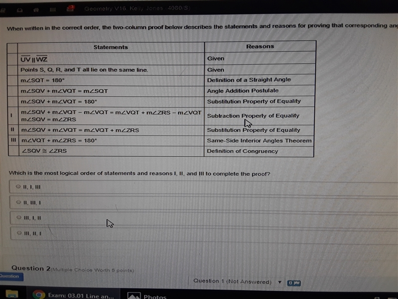 Which is the most logical order of statements and reasons I, II, and III to complete-example-1