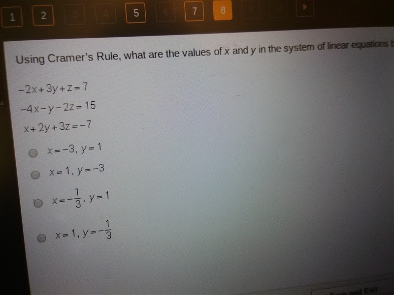 Using Cramer's Rule, what are the values of x and y in the system of linear equations-example-1