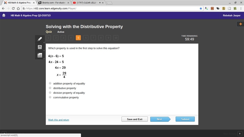 Which property is used in the first step to solve this equation?-example-1