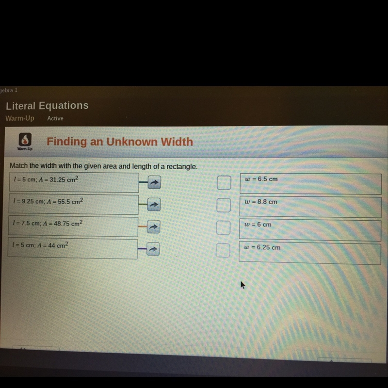 Match the width with the given area and length of a rectangle-example-1