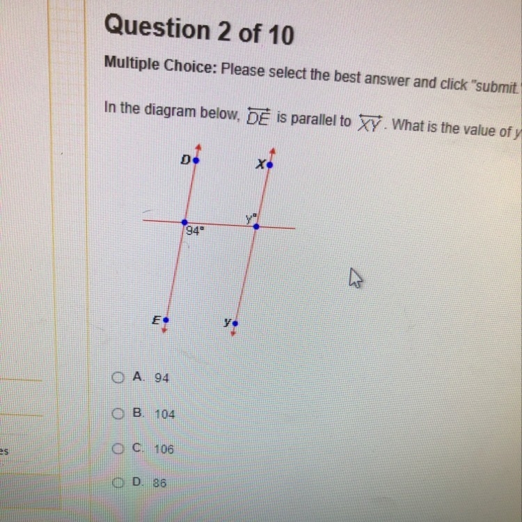 In the diagram below DE is parallel to XY. What is the value of y?-example-1