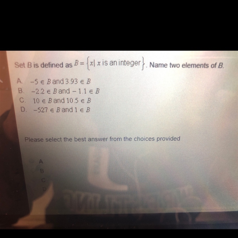 Set B is defined as B=x. Name two elements of B.-example-1