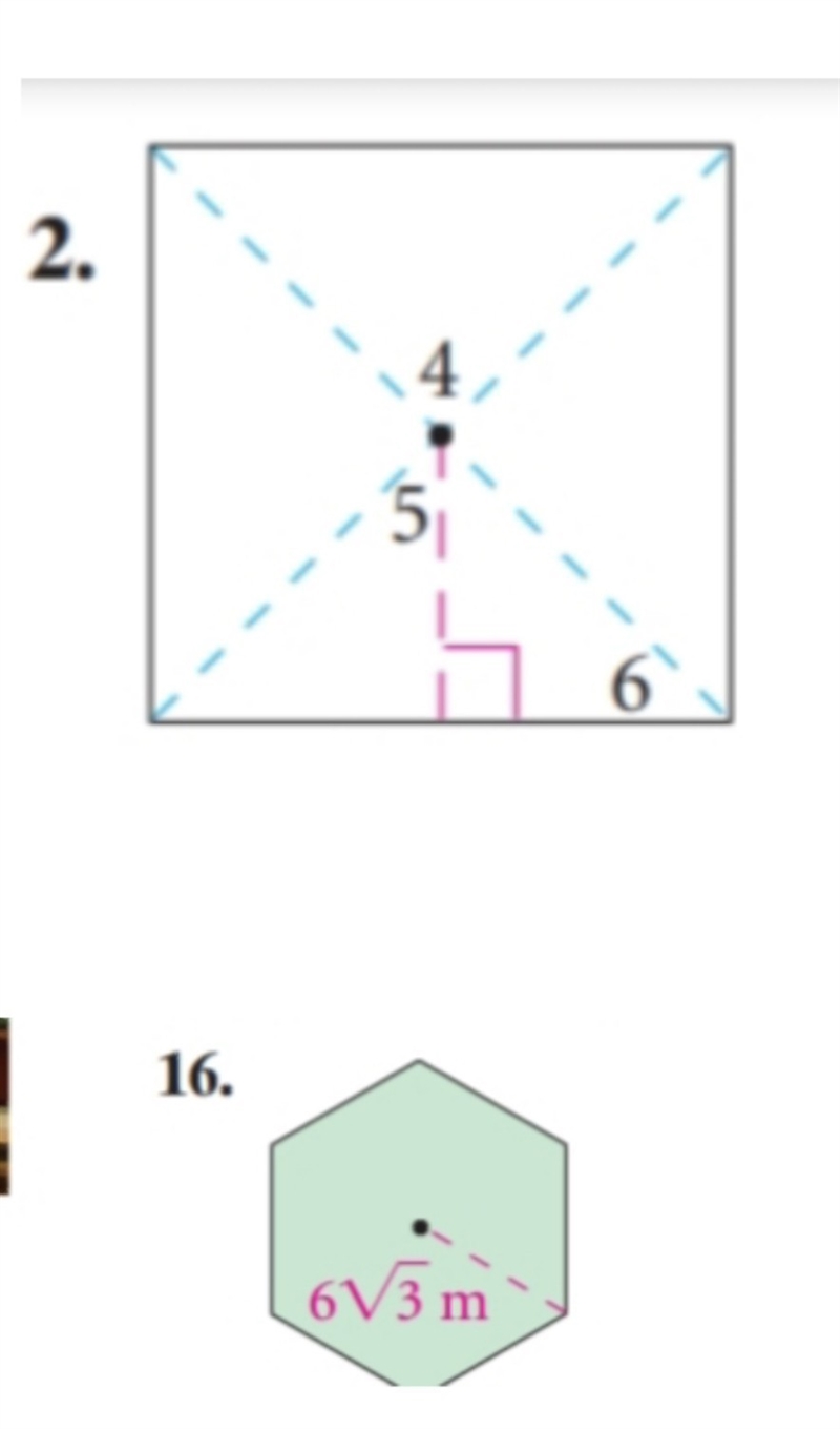 2. Find the measure of each numbered angle 16. Find the area with the given radius-example-1