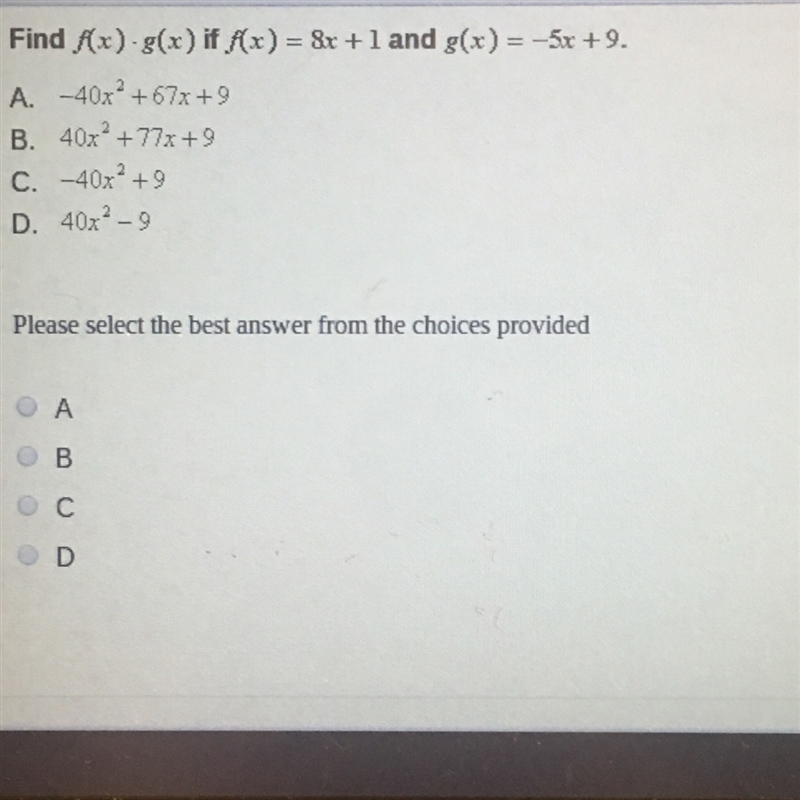 Find f(x) X g(x) if f(x)b= 8x+1 and g(x) =-5x+9-example-1