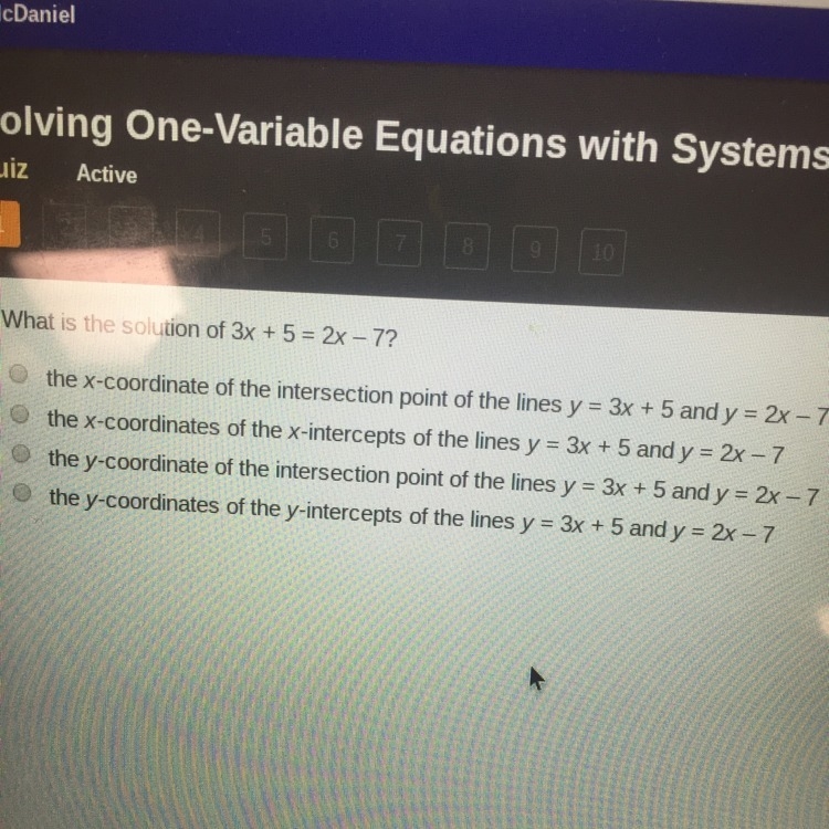 What is the solution of 3x+5=2x-7-example-1