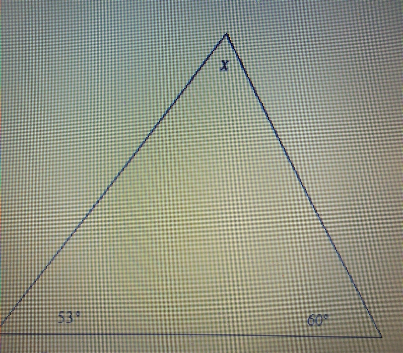 Find the value of x in the triangle. A. 7° B. 293° C. 113° D. 67°-example-1