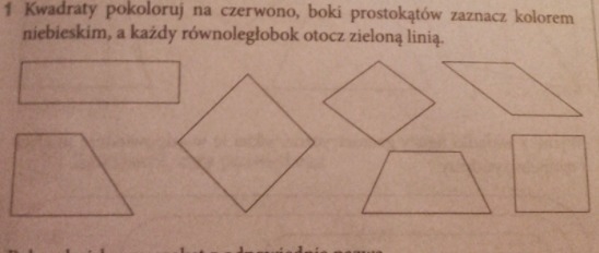 kwadraty pokoloruj na czerwono boki prostokątów zaznacz kolorem niebieskim a każdy-example-1