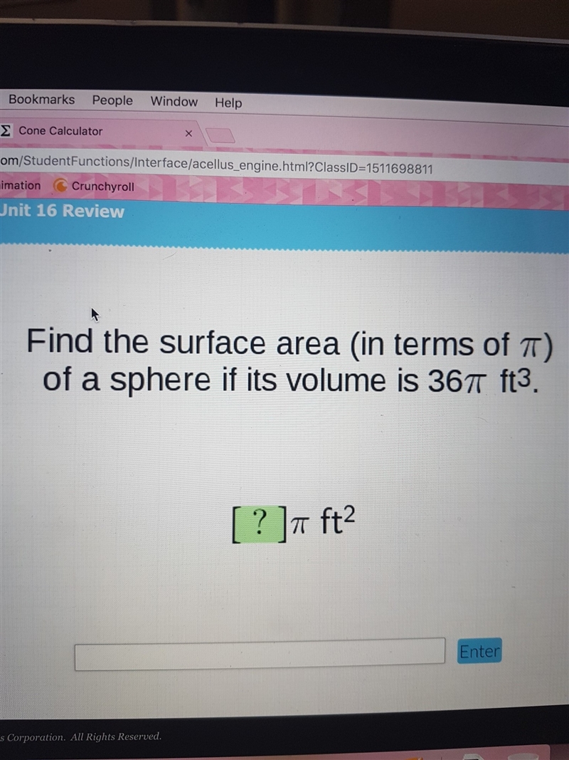 Find the surface area ( in terms of pi) of a sphere if it's volume is 36pi ft^3. Some-example-1