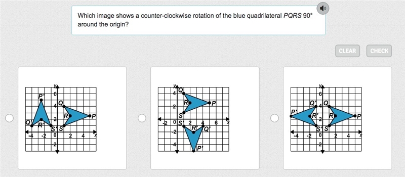 Which image shows a counter-clockwise rotation of the blue quadrilateral PQRS 90° around-example-1