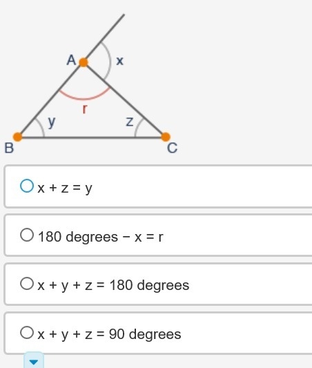 Which relationship is always true for the angles r, x, y, and z of triangle ABC?-example-1