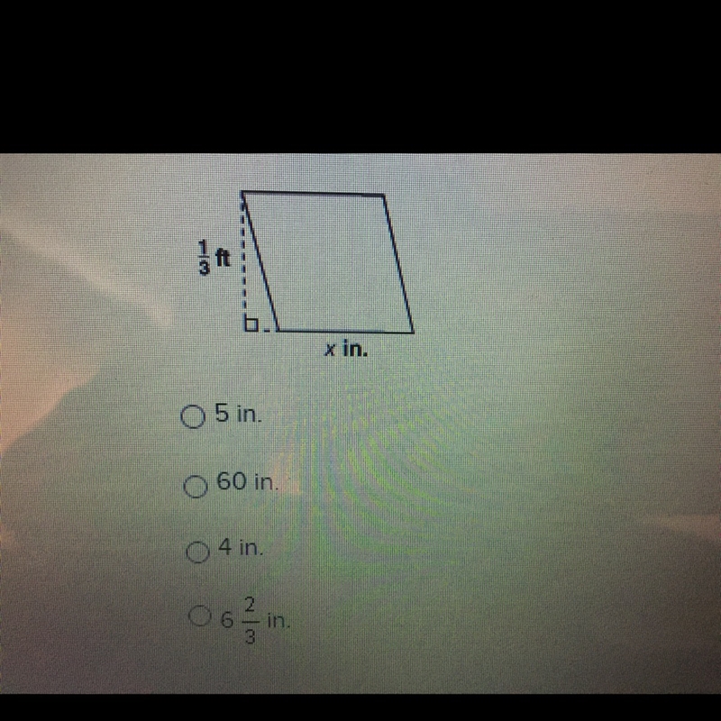 The area of a rhombus is 20 square inches. What is x? 5in 60in 4in 6 2/3in-example-1