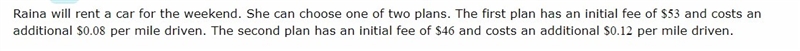 (a.): For what amount of driving do the two plans cost the same? (b.):What is the-example-1