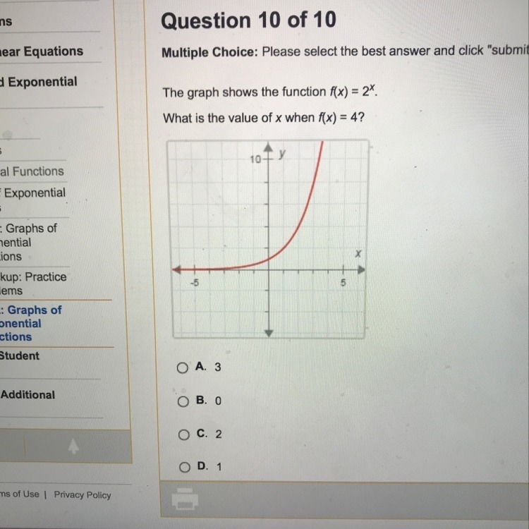 The graph shows the function f(x)=2^x what is the value of x when f(x)=4-example-1