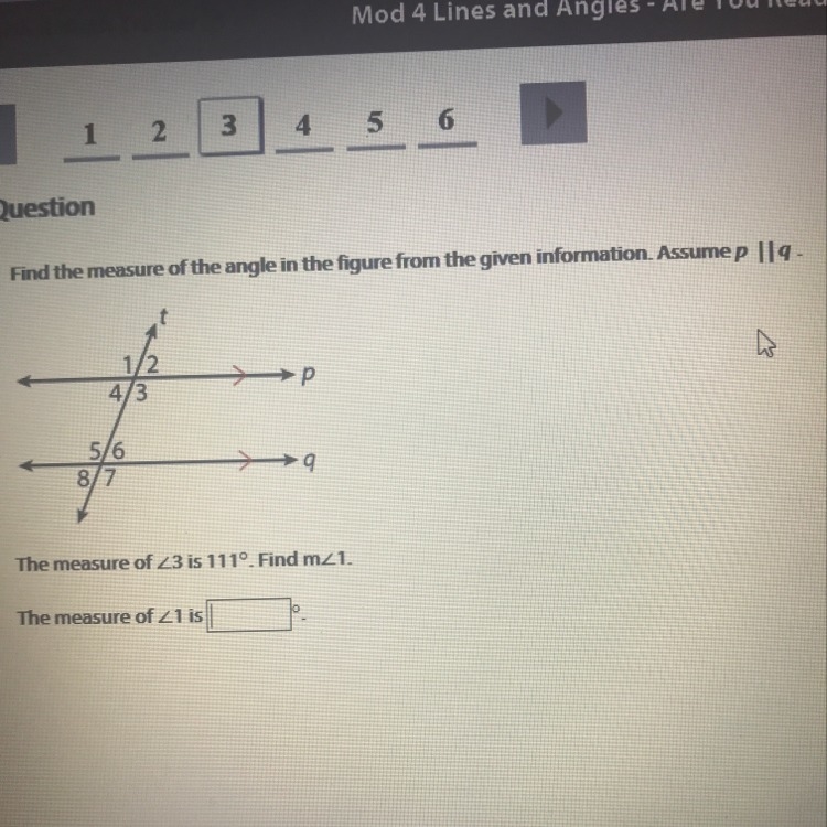 The measure of angle three is 111°. Find M angle 1.-example-1