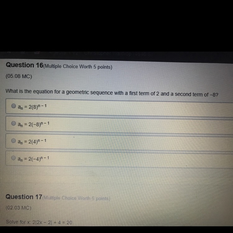 What is the equation for a geometric sequence with a first term of 2 and second term-example-1