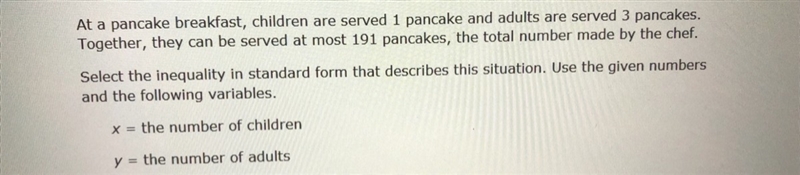 At a pancake breakfast, children are served 1 pancake and adults are served 3 pancakes-example-1