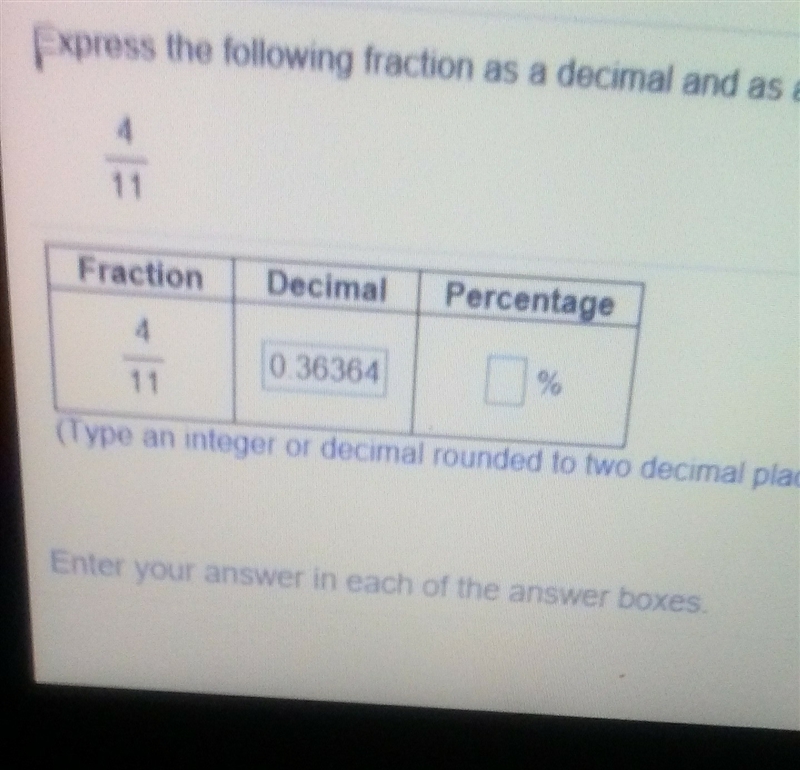 What is the percentage of the fraction 4/11-example-1