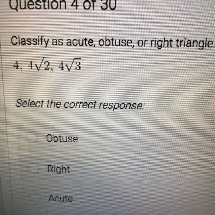 Acute,obtuse or right triangle? Please help!-example-1