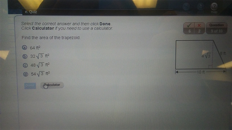 What is the area of this trapezoid (the right leg says 8 btw)-example-1