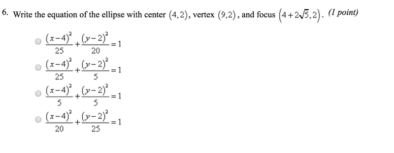 Write the equation of the ellipse with center (4,2), vertex (9,2), and focus (4+2sqrt-example-1