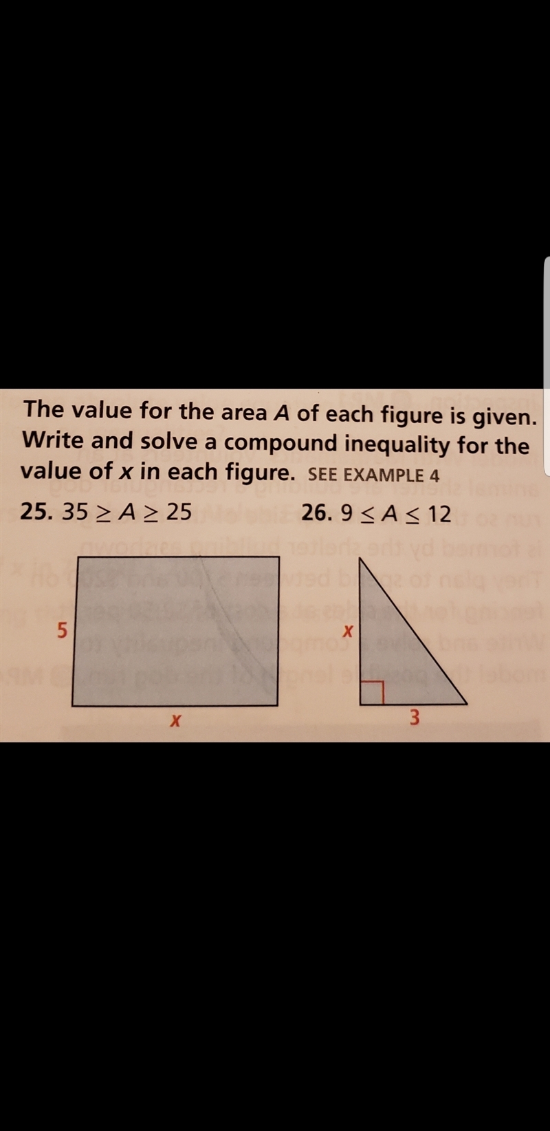 The value for the area A of each figure is given. Write and solve a compound inequality-example-1