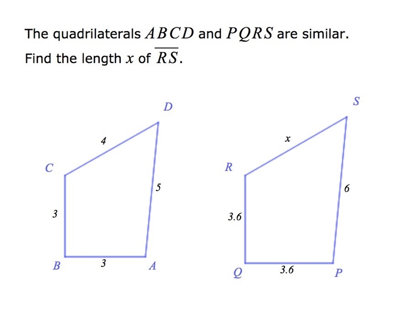 The quadrilaterals ABBCD and PQRS are similar. Find the length of X .-example-1