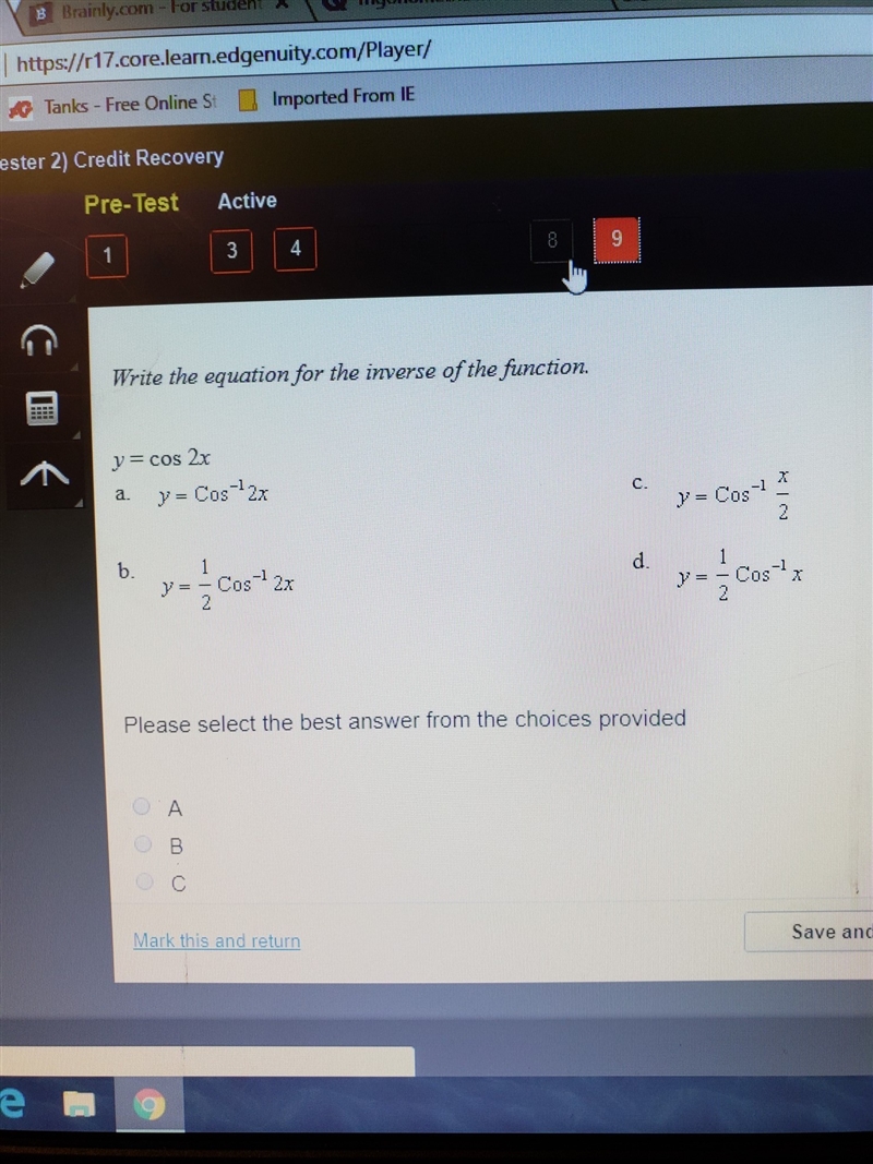 Write the equation for the inverse of the function y=cos2x-example-1