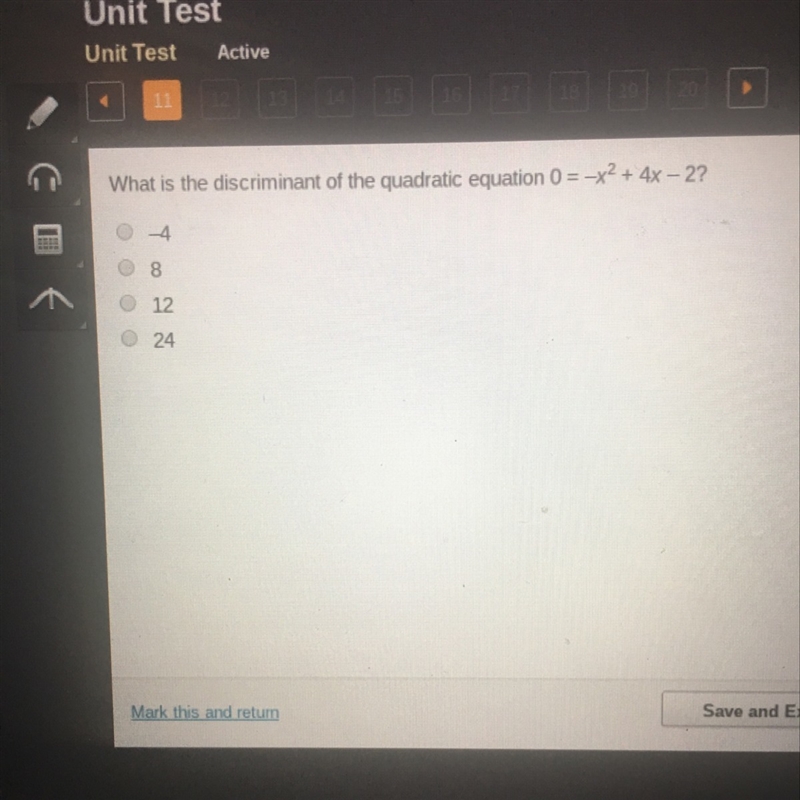 What is the discriminant of the quadratic equation 0= -x^2+4x-2-example-1