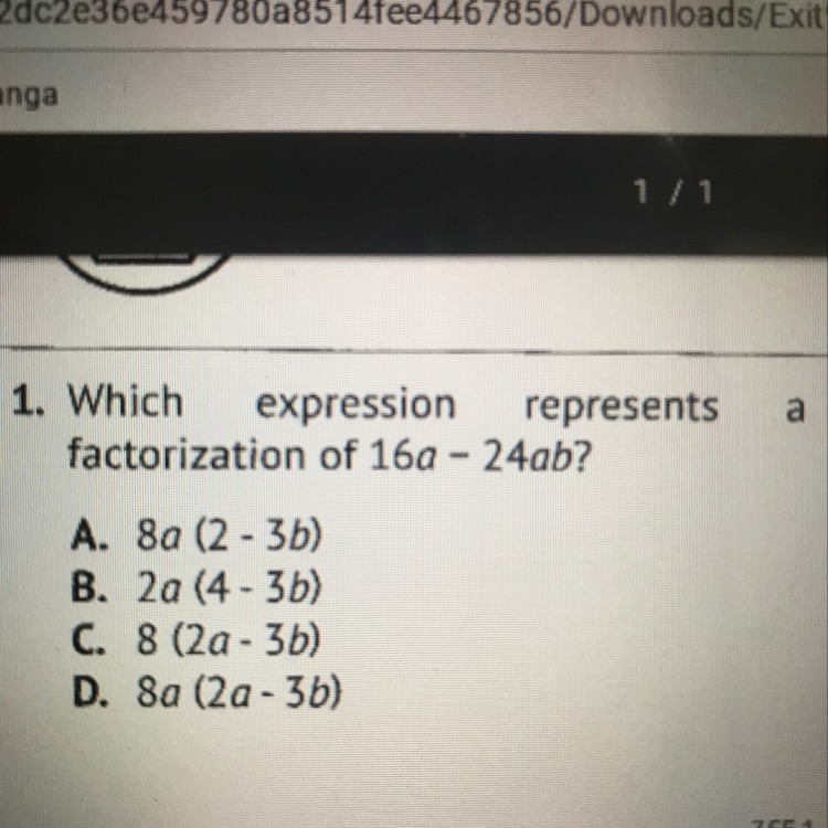 Which expression represents a factorization of 16a - 24ab-example-1