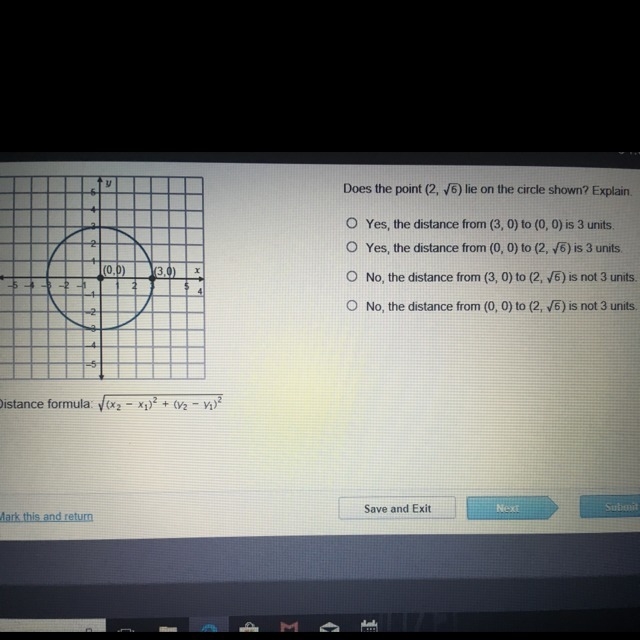 Does the point (2, √6) lie on the circle shown? Help please ASAP-example-1