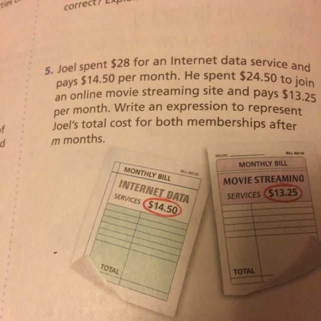 Write an expression to represent Joel's total cost for both memberships after m months-example-1