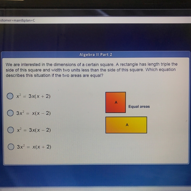 We are interested in the dimensions of a certain square. A rectangle has length triple-example-1