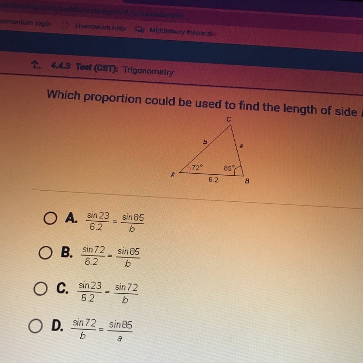 Which proportion could be used to find the length of side b?-example-1