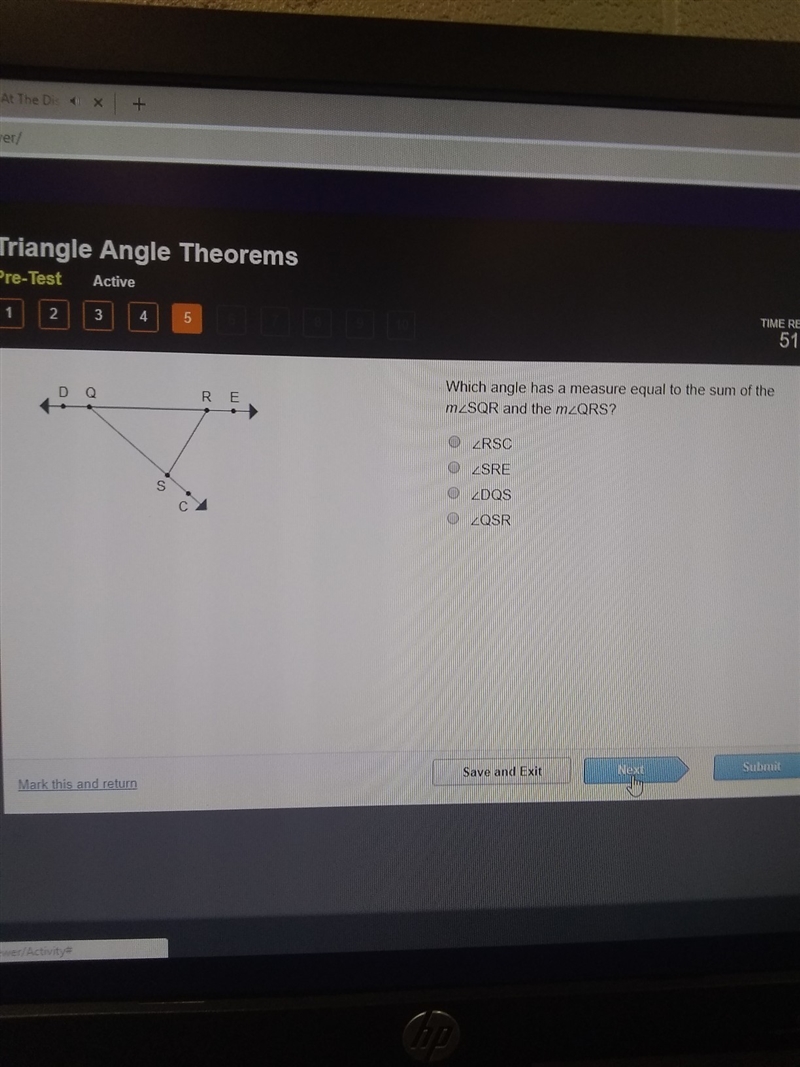 Which angles measure is equal to the sum of the measure of m<sqr and m<qrs-example-1