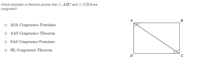 Which postulate or theorem proves that △ABC and △CDA are congruent?-example-1