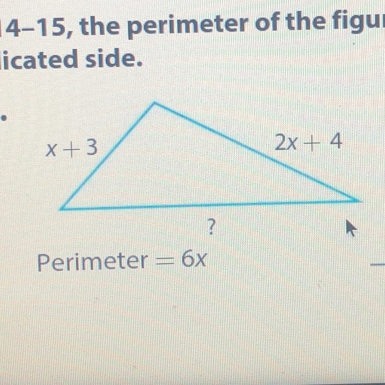 In 14 the perimeter of the figure Is given. find the length of the indicated side-example-1