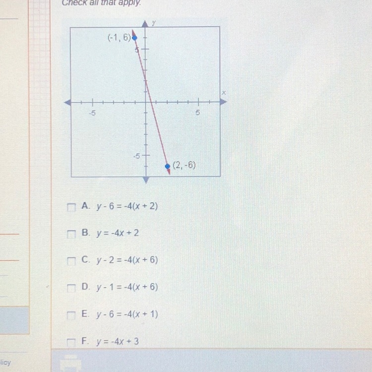 Which of the following equations describe the line shown below-example-1