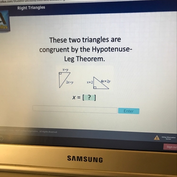 These two triangles are congruent by the hypotenuse leg theorem.-example-1