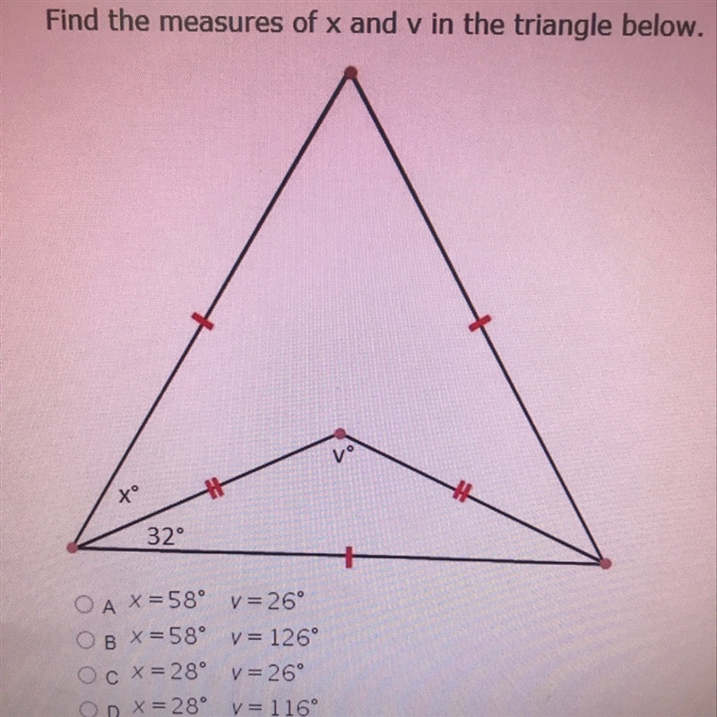 Find the measures of x and v in the triangle.-example-1