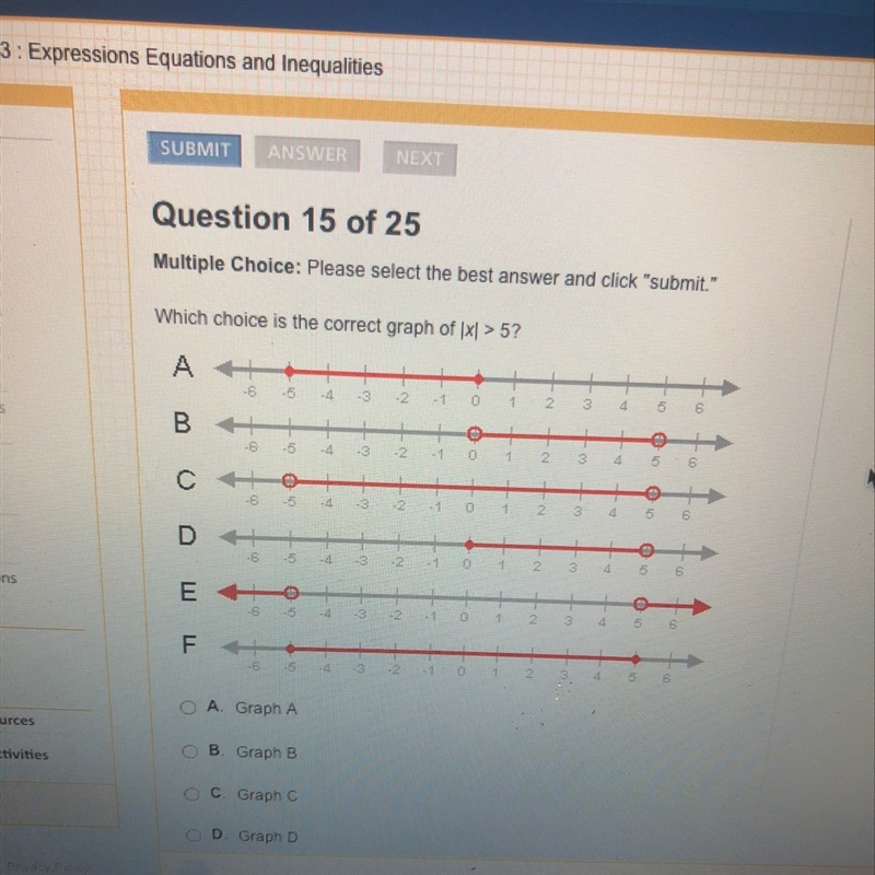 11 points ! Which choice is the correct graph of |x| > 5-example-1