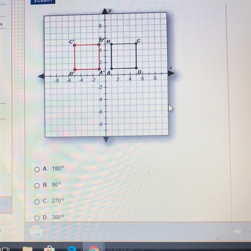 ABCD is rotated counterclockwise about the origin. By how many degrees was ABCD rotated-example-1