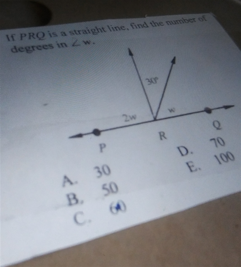 If prq is a straight line, find the number of degrees in <w. given: 2w, 30°-example-1