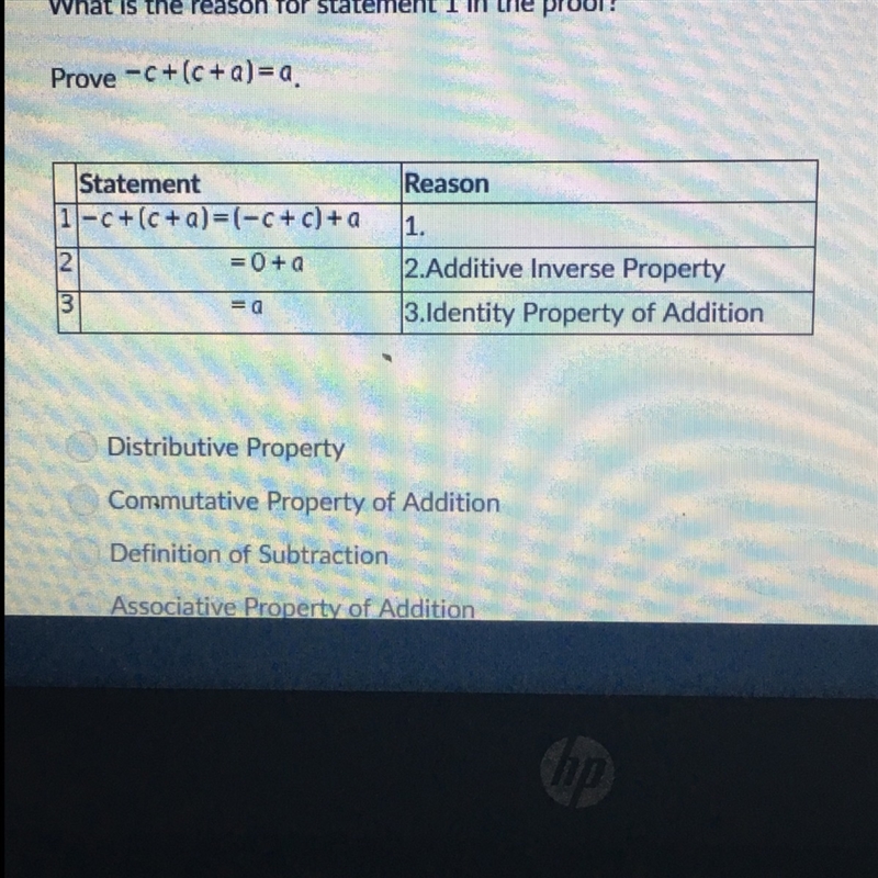 What is the reason for statement 1 in the proof -c+(c+a)=a?-example-1