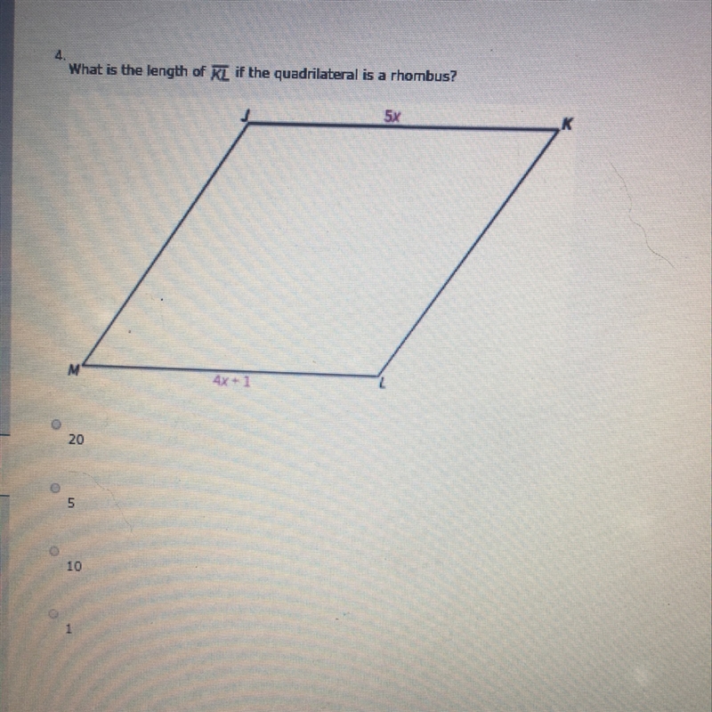 What is the length of KL if the quadrilateral is a rhrombus-example-1