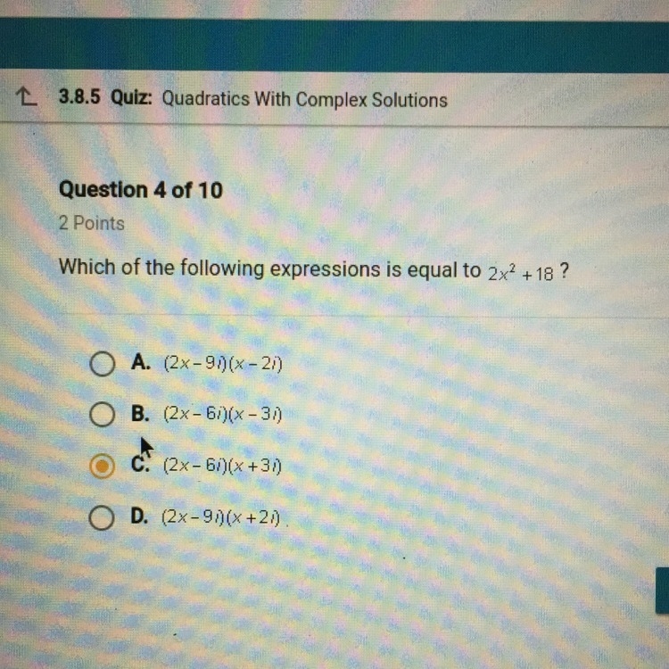 Which of the following expressions is equal to 2x^2+18 ?-example-1