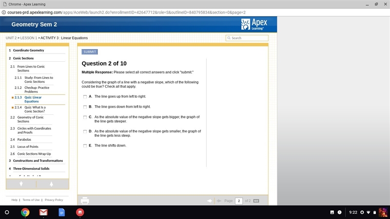 Considering the graph of a line with a negative slope which of the following could-example-1