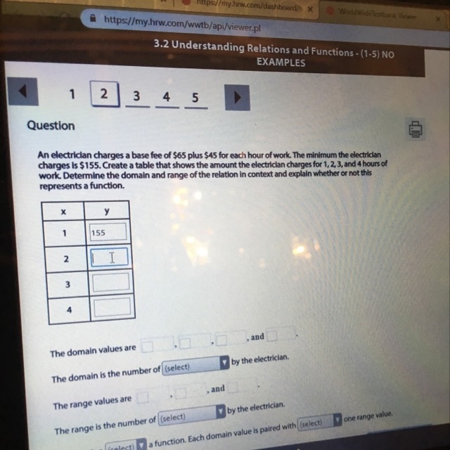 An electrician charges a base of 65 plus 45 for each hour of work . The minimum the-example-1